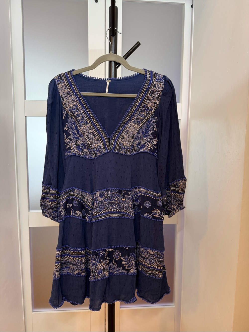 Free People “My Love” Boho V-Neck Navy Mini Dress, size XS.
